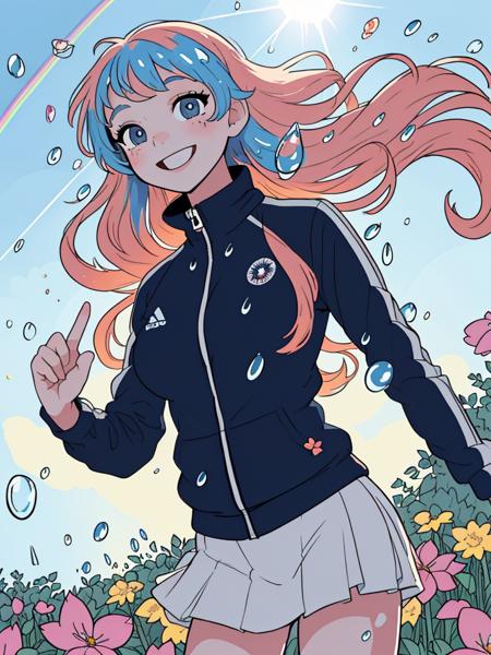 (kawaii cute navy tracksuit 1girl in school flower garden:1.3), (lots of waterdrops floating in air:1.4), (rainbow in sky), cowboy shot, from above, (vivid color, high contrast:1.2), bluesky, sun lighting, front lighting, (lens flare:1.25), (high school background:1.5), (luminous neon hair blowing in wind:1.25), (brown hair), smile, [(delicate fingers and hands:0.55)::0.85], (detailed fingers), (large breasts), mini skirt, flying petals, dynamic pose, joyful smile, (water splashing from sprinklers on the ground), (lively atmosphere, lively crowd of school girls:1.4), (masterpiece, best quality, high resolution, absurdres, intricate details:1.3), illustration, lens perspective, feminine, hyper detailed, ultra detailed, small details, trending on artstation, award-winning, good anatomy,