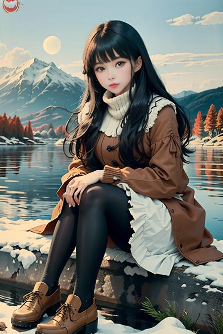 masterpiece, best quality, winter, snow field,
1girl, bangs, blue eyes, blunt bangs, brown footwear, brown hair, dress, frills, fruit, full body,  long hair, long sleeves, looking at viewer, pantyhose,shoes, sitting, solo,
sky, sun, mountain, forest, lake, <lora:jcjp:0.8> <lora:Korean-doll-likeness:0.4> <lora:Japanese-doll-likeness:0.2>