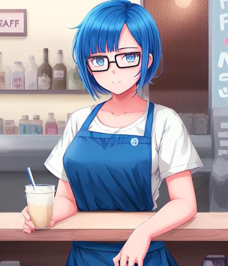 an anime style image of NAMHP woman standing in a cafe, behind the counter, 2d, short blue hair, glasses, white tshirt, 1girl, best quality, hd, masterpiece,  <lora:NAMHP:0.75>