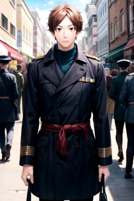 masterpiece, best quality, movie still, 1boy, solo, male focus, looking at viewer, , , , , <lora:keiichi_katakura:0.74>, keiichi_katakura, brown hair, brown eyes, pea coat, , world war 1, Blu-ray