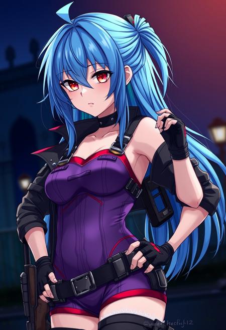 1girl,blue hairs, green inner hair, long messy hair, red eyes, cyberpunk style, tactical jacket,
cowboy shot, tactical clothes, purple leotard with red trim, tactical breast armor, detached sleeves, fingerless gloves, gun holster belt,,  garter straps, kneesocks,handgun, post apocalypse, outdoor, night, serious expression,
studio light, (masterpiece:1.2), (best quality:1.2), (very aesthetic:1.2), (absurdres:1.2), (simple background:1.2),newest, intricate details,perfect anatomy, anime style,