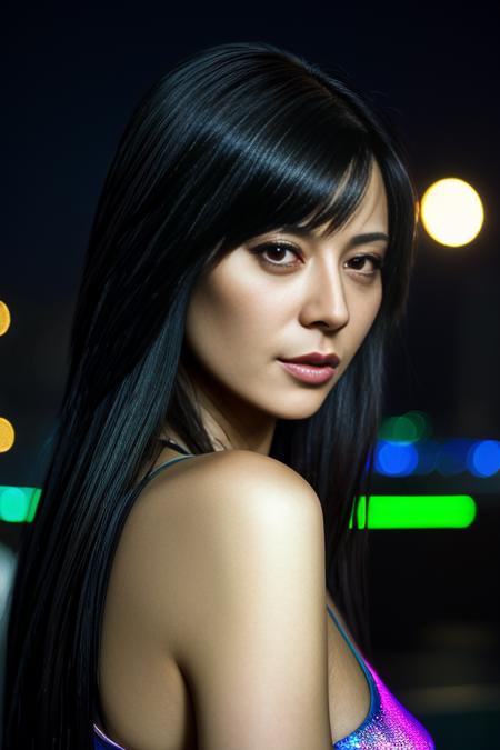 cath3rin3b311, long hair, wearing holographic cyberpunk clothing, surrounded by neon-lit cityscape reflections, vray render, ray tracing, subsurface scattering, by Josan Gonzalez and Liang Mark (upper body shot), (looking at viewer:1.3), (hyper realistic:1.3), (portrait:1.2), highly detailed eyes, (highly detailed skin:1.3), (freckles:0.6), pores, (4k), back lit, rim light, <lora:Catherine_Bell_PMv1_Lora:1.3>,, ((Close-Up))