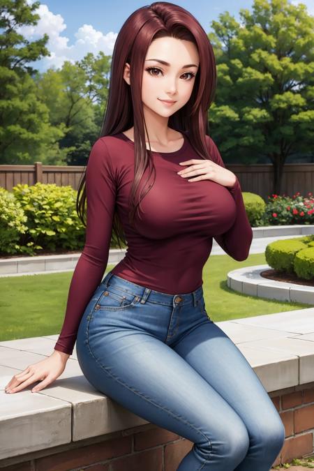 masterpiece, best quality, <lora:sakakiryouko-nvwls-v1-000008:0.8> sakaki ryouko, long sleeves, t-shirt, jeans, garden, large breasts, smile