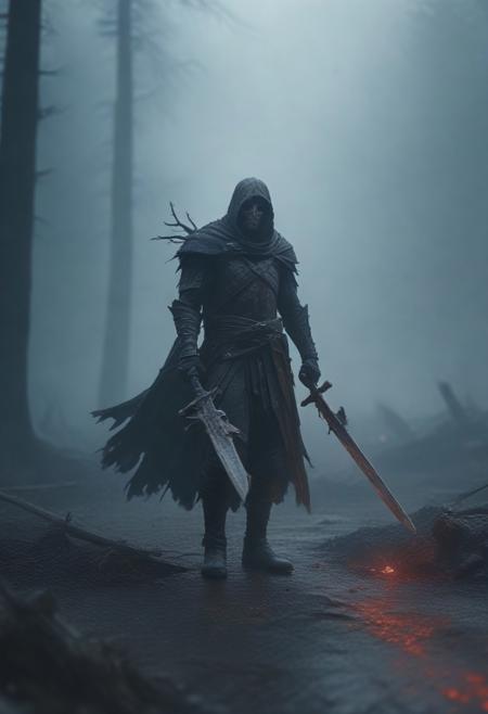 lone warrior, cursed battlefield, blood-red sky, dark fantasy, charred ground, scattered bones, rusted weapons, glowing red fissures, cracked earth, towering skeletal trees, twisted branches, faint black fog, creeping shadows, warrior in black armor, intricate engravings, tattered crimson cloak, holding a notched longsword, blood-stained blade, scarred face, hollow gray eyes, distant raven cries, swirling ash particles, faint embers floating, jagged lightning flashes, very dark atmosphere, high contrast, ultra-detailed, realistic textures, grim scene