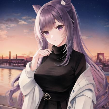 masterpiece, best quality, 1girl, keqing, sweater, looking at viewer, upper body, outdoors, watercolor, night, turtleneck, full body, hands joined