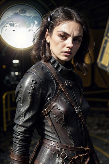 mila_kunis_hhhh-1200,, raw photo of a girl warrior, photo, HD, 8k, photo, realistic.action shot, skin pores, very dark lighting, photorealistic, realistic, dramatic, dark, sharp focus, 8k), (weathered damaged old worn leather outfit:1.4), clouds , sun, (space planet:1.3),