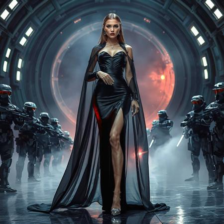 slender arrogant cold femme fatal russian lady wearing   black glossy satin high slit gown,  small size opulent glossy high heels,  ultrathin black  transparent slime cloak, jewels, elegant small light saber, posing  standing, giant portal to outer space, fog from the floor, empire spaceship hangar, surrounded by halo odst troopers, fashion look, hollywood, vogue makeup, porcelain skin, long haired, ultrathin waisym reminiscent of H.R. Giger, Zdzisław Beksinski, and Ash Thorp's dark, sleek styles, with close-up glamour photography, glossy satin and silver heels glistening, fleshy slime dripping, and dark shadows.