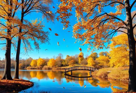 Create a serene autumn landscape with a vibrant blue sky. In the foreground, there are tall, beautiful trees with their leaves falling off, carried by the wind and gently landing on a calm lake. The reflection of the trees and the falling leaves can be seen on the water's surface. In the scene, there is a small, rustic wooden bridge crossing over the lake, adding to the peaceful and tranquil atmosphere of the setting