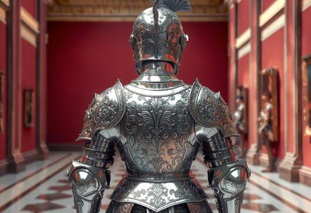 A breathtakingly detailed female suit of armor stands as the centerpiece of a grand museum exhibition. The silver-plated masterpiece shines under carefully curated gallery lighting, its surface adorned with intricate floral engravings and delicate filigree work. The helmet’s elegant plume cascades down the back, suggesting noble lineage, while the articulated breastplate, gauntlets, and greaves showcase masterful Renaissance-era metallurgy.Created as a flagship asset for next-gen game cinematics or museum VR experiences. Currently featured on ArtStation’s trending page for its unparalleled attention to: