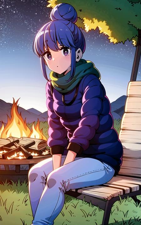 (illustration:1.0), masterpiece, best quality, ultra-detailed, illustration, <lora:ShimaRin:1>, blue hair, bangs, topknot hair bun, detailed purple eyes, black jacket, puffy white scarf, sitting on a camp chair, tent, detailed grass, campfire in front, night, black jeans  jeans, trees, sticks,  gloves, stars (sky), dirt, solo, looking at viewer, dramatic shadows