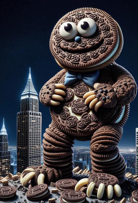 A gigantic Cookie Monster made of creamy cookies climbing a skyscraper at night, destruction, debris