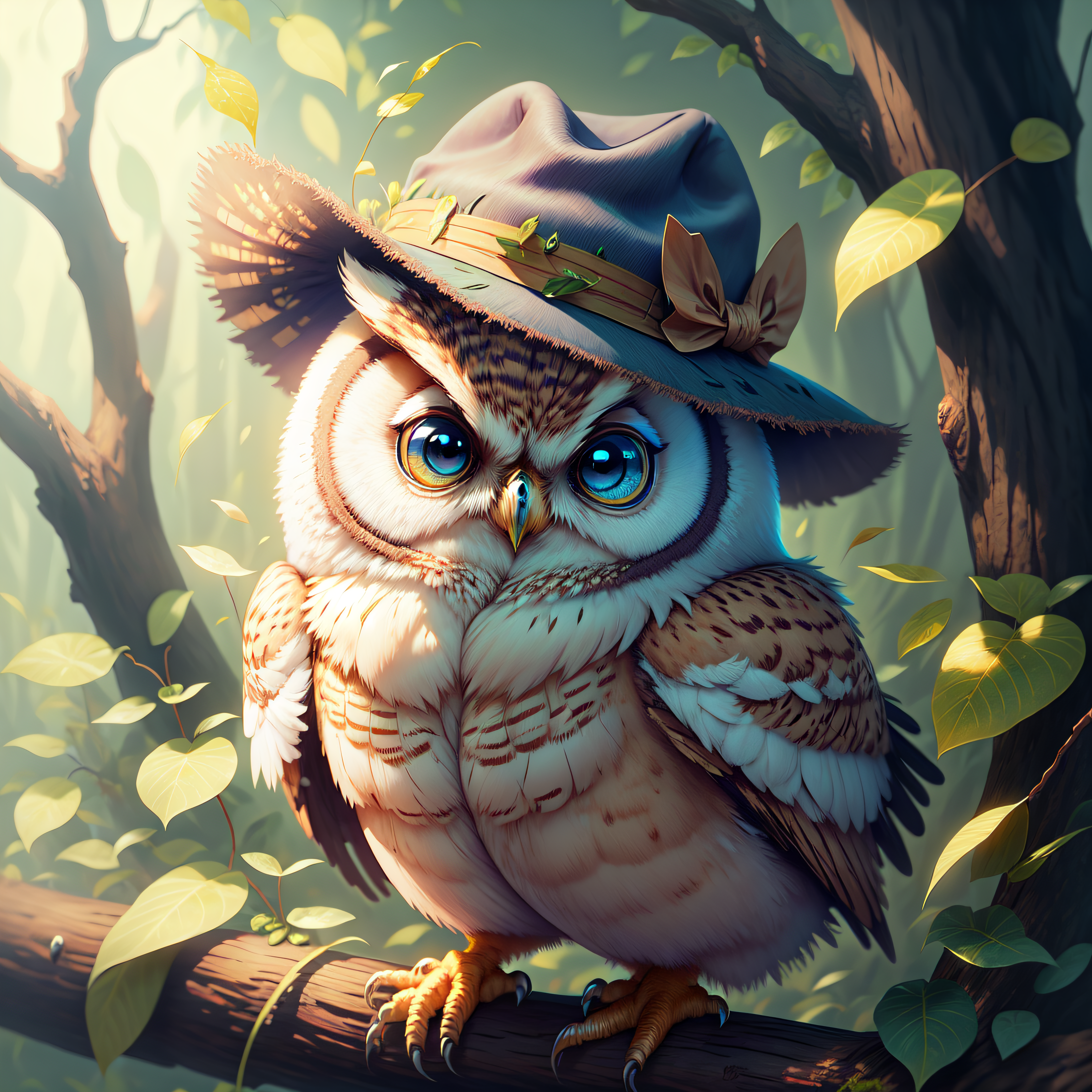 <lora:CuteCreatures:0.8> Cu73Cre4ture owl wearing hat