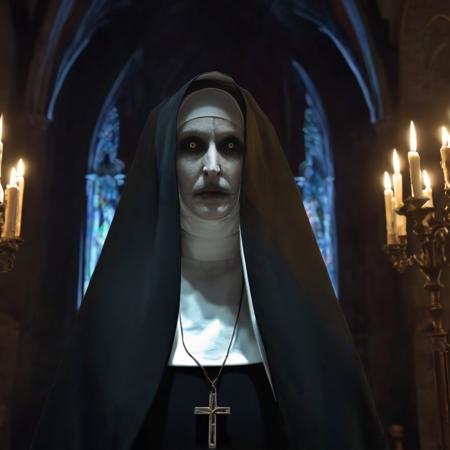 (best quality:1.2), (detailed:1.2), valak standing inside a gothic church, full body, stunning environment, dark atmosphere, candles, chandeliers on ceiling, stained glass windows, photon mapping, radiosity, 8k, subsurface scattering, uhd, hdr, absurdres, dim lighting, darkness, ominous atmosphere, <lora:valak:0.9>, <lora:offset_0.2:0.5>