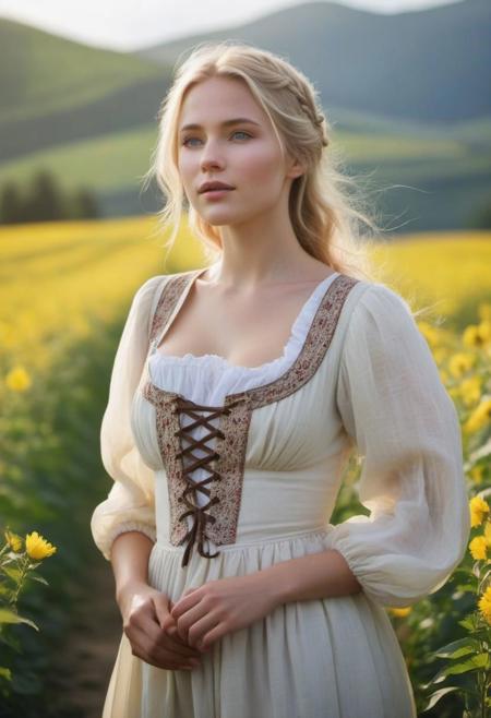 Hyperdetailed Photography, gorgeous 24 years old (peasant:1.4) girl,, blonde, medieval times, full medieval garments, open blouse, puffy nipples, (sexy, arousal, horny:2.0), seductive eyes, summer, sunny, mountains, (at the flower field:1.4) in the foreground, warm backlight, high resolution, ((glossy, wet, shiny:2.0) nipples:1.5)
 intense, photorealistic lighting and cinematic lighting quality,  (sharp focus), backlighting, photo realistic, highly  detailed,
a colorized photo, RAW format, 8K photorealistic image, superflat, 4k, ultra hd, high resolution , UHD, shot with a professional DSLR camera like Fujifilm XT3, Sony A7IV, Nikon D850, Sony A9 II, Canon EOS R5,
The final image should be a professional, award-winning masterpiece with (sharp focus:1.2),, (intricately detailed, hyperdetailed), HDR, (extremely detailed 8k wallpaper), high quality, intense, intricate, highly detailed, octane render, fine detail, ultra realistic, crisp, super sharp, studio quality, masterpiece, best quality, UHD, Film grain, photorealistic, trending on cg society