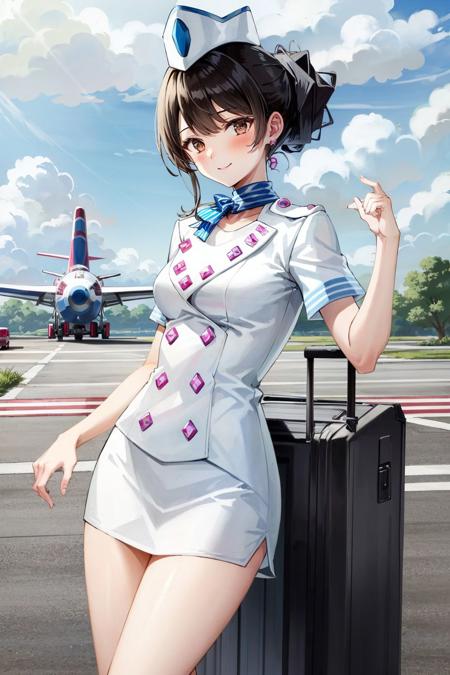 (masterpiece, best quality, high res:1.3), absurd res,  rhodateneiro,  brown eyes, ponytail, white uniform, short sleeves, skirt, smile, blush, hat, posing next to plane, runway, asphalt, airport tower, <lora:RhondaTeneiro:0.75>