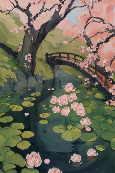 The peach blossoms fall from the peach tree, and there are small fish in the small pond(Chinese color_ink painting style),exudes the style of traditional (Chinese color_ink painting),no humans,