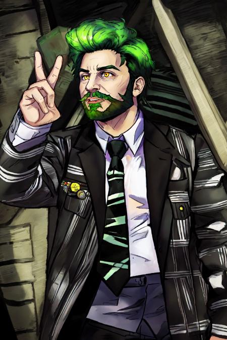 Duskfallcrew Art Style, masterpiece, official art, best quality, Alex Brightman as Beetlejuice, 1boy, male focus, solo, yellow eyes, green hair, ombre hair, beard, mustache, facial hair, black and white striped jacket, black jacket, striped jacket, white shirt, collared shirt, shirt, poltergeist vibes, prison clothes, necktie, upper teeth only, grimace, frustrated look, <lora:DuskArt_V7-10:.6>