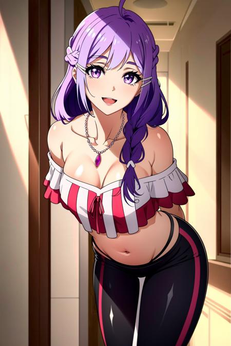 <lora:last:1> Xia Zitong, breasts, dress, cleavage, 1girl, very long hair, floating hair, open mouth, jewelry, smile, :d, hair ornament, pink dress, necklace, medium breasts, arms behind back, collarbone, braid, lisbeth (sao), purple eyes, off-shoulder dress, upper body, off shoulder, shiny hair, asuna (sao), pink hair, bangs, ribbon, purple hair, shiny, french braid, Beautiful Detailed Eyes, ((Standing, leaning over)), (((crop top dress, Black Leggings, Boots,))) upper body, hallway, perfect lighting, ((shining face, shining body)), seductive look, perfect face, make up, eye shadow, gloss lips ((mature_woman)), ((adult woman)), ((gorgeous)), (iluminated face),(perfect quality), Extremely beautiful, perfect, hour glass body, (masterpiece:1.2), (best quality:1.2), cinematic, perfect skin, perfect lighting, textured skin, detail, beauty, wonder, sharp focus, ultra-detailed, illustration, perfect face, ((gorgeous)), Extremely beautiful, perfect, detailed background, alluring, standing, (detailed background, intricate background:1.1), beautiful, ((Extremely Detailed)), ((Best Quality)), ((Masterpiece)), ((4k))