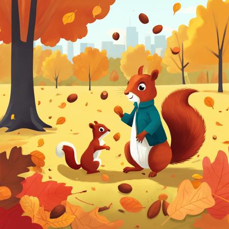 Seasonal Children's Book Illustration, Autumnal Color Palette, Squirrel Gathering Nuts, Crisp Fall Weather, Park Landscape, Autumn Afternoon, Content Mood
,Kids Book, KidsRedmAF,
 <lora:StorybookRedmondV2-KidsBook-KidsRedmAF:1>