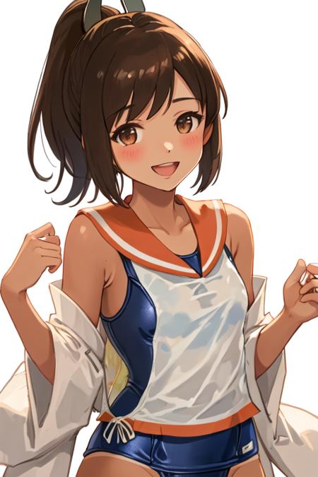 i_401_kantaicollection brown_hair, ponytail, brown_eyes, short_hair, tan, swimsuit, school_swimsuit, blush, short_ponytail, hair_ornament, one-piece_swimsuit, smile, open_mouth