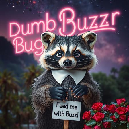 masterpiece, intricate photo realistic photo, cute racoon holding a small white sign on which is written "Feed me with Buzz!", background jungle, stars, galaxies, nebulae, in the sky is written in neon letters "Dumb Buzz Beggar", as realistic as possible, hyper realistic, highly detailed, sharp focus,dark art, gothic art, cyberpunk style, best quality, high resolution, colorful, vibrant colors, studio lighting, 8K
