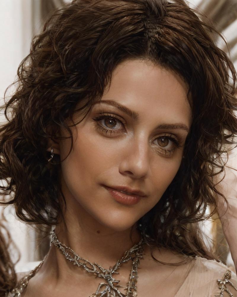 A closeup of a woman wearing a choker necklace and earrings.