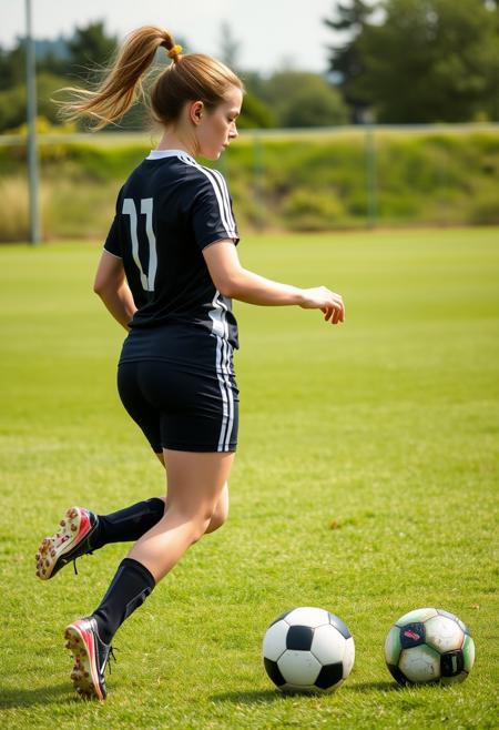 21 year old female athlete wearing a tight jersey and tight shorts. Slender build, slim waist. Front side view. Playing soccer outside on a lush green grass soccer field. (((Huge fake round breasts, large breasts, big boobs, very firm boobs:1.3))) that stretch her too small shirt. Muscular thighs and buttocks. Hair style up in a ponytail.