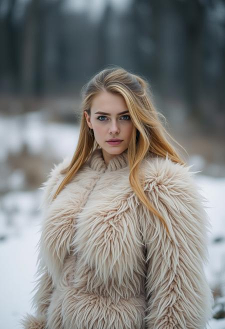 full-length view of a beautiful Scandinavian woman with thick furry fuzzy fluffy fur growing all over her body and face