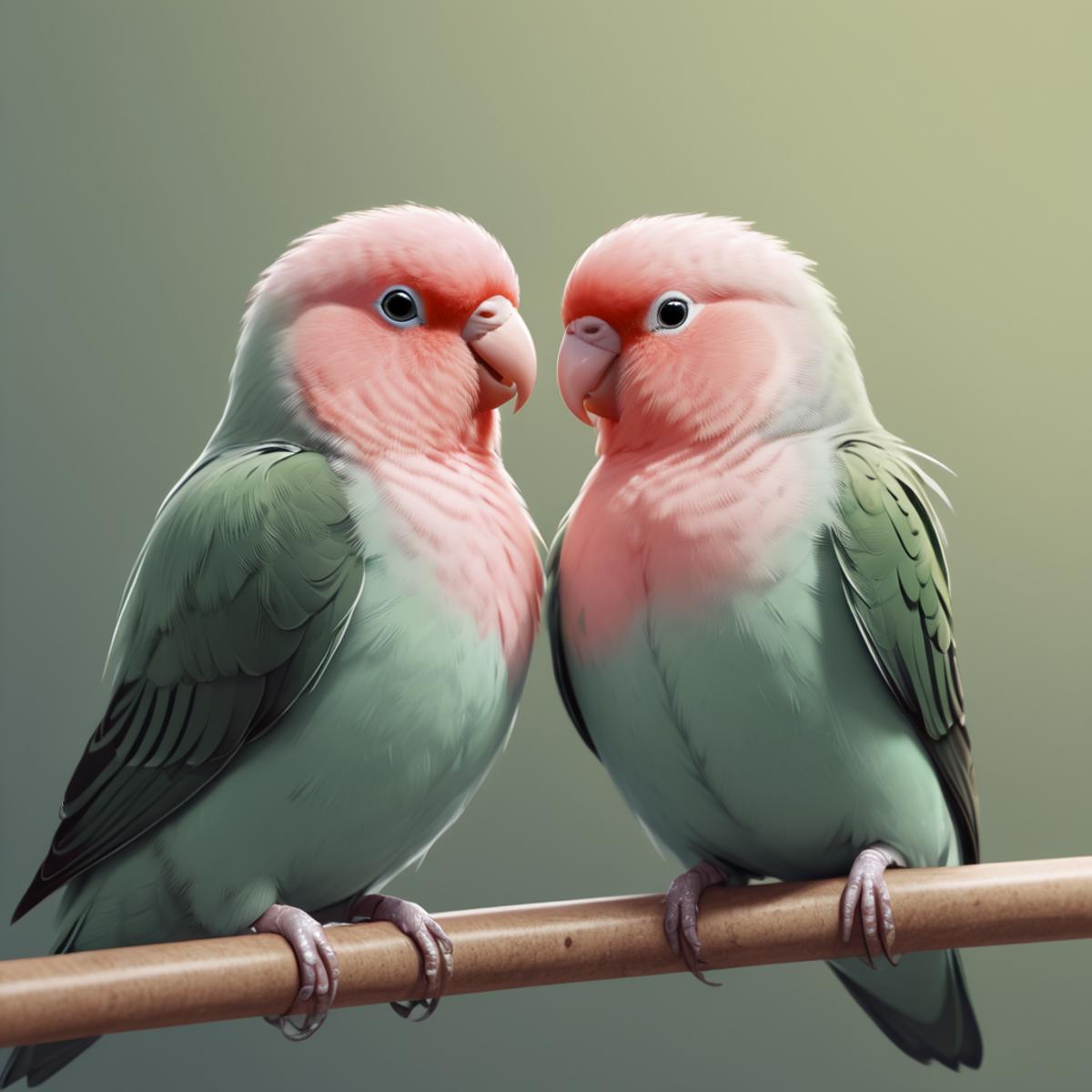 Two green and pink parrots sitting on a wooden branch.