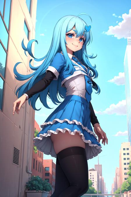 masterpiece, best quality, twitter-chan, hair ornament, white shirt, black long-sleeve shirt, layered sleeves, necktie, blue skirt, black thighhighs, standing, from side, looking at viewer, city street, smile <lora:twitterchan-nvwls-v1:0.9>