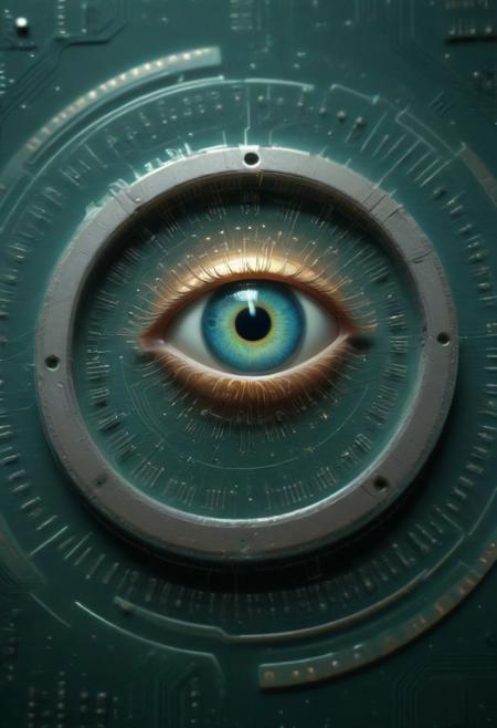 (surreal floating eye built from concentric layers of circuitry:1.6), (pupil made of a rotating cooling fan:1.4), (iris formed by glowing micro-traces:1.3), surrounded by signal waves, hovering in a digital void, visionary symbolism, detailed techno texture, soft ambient glow, sci-fi mysticism, strong center composition, (TzigoCBS), lazympos, lazyneg, lazyxxx