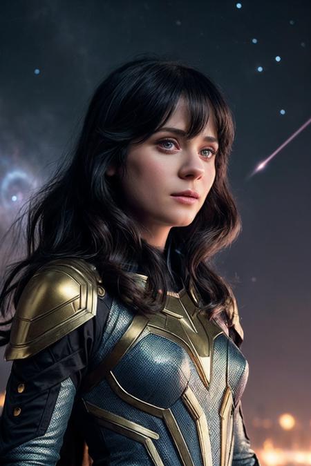 ZooeyD_SoloTI_v1, PA7_Portrait-MCU,
(Clad in gleaming golden armor, adorned with the Infinity Gauntlet, exuding an aura of unstoppable power), (A cosmic battlefield, with swirling galaxies and stars as the backdrop, alive with the energy of the universeâs might:1.3), (seductive:1.3),(analog, cinematic, film grain, hazy atmosphere, cinematic shot:1.3),
 <lora:add_detail:0.6>