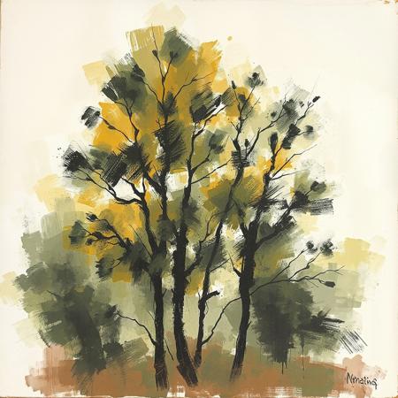 painting of trees, rendered with bold, expressive smudges and unfinished strokes