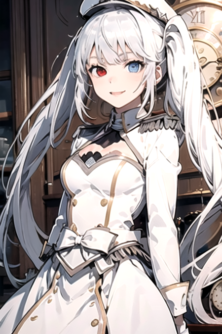 white queen (date a bullet), 1girl, solo, long hair, bangs, long sleeves, hat, twintails, white hair, white gloves, white jacket, white bow, epaulettes, clock eyes, right red eyes, left blue eyes