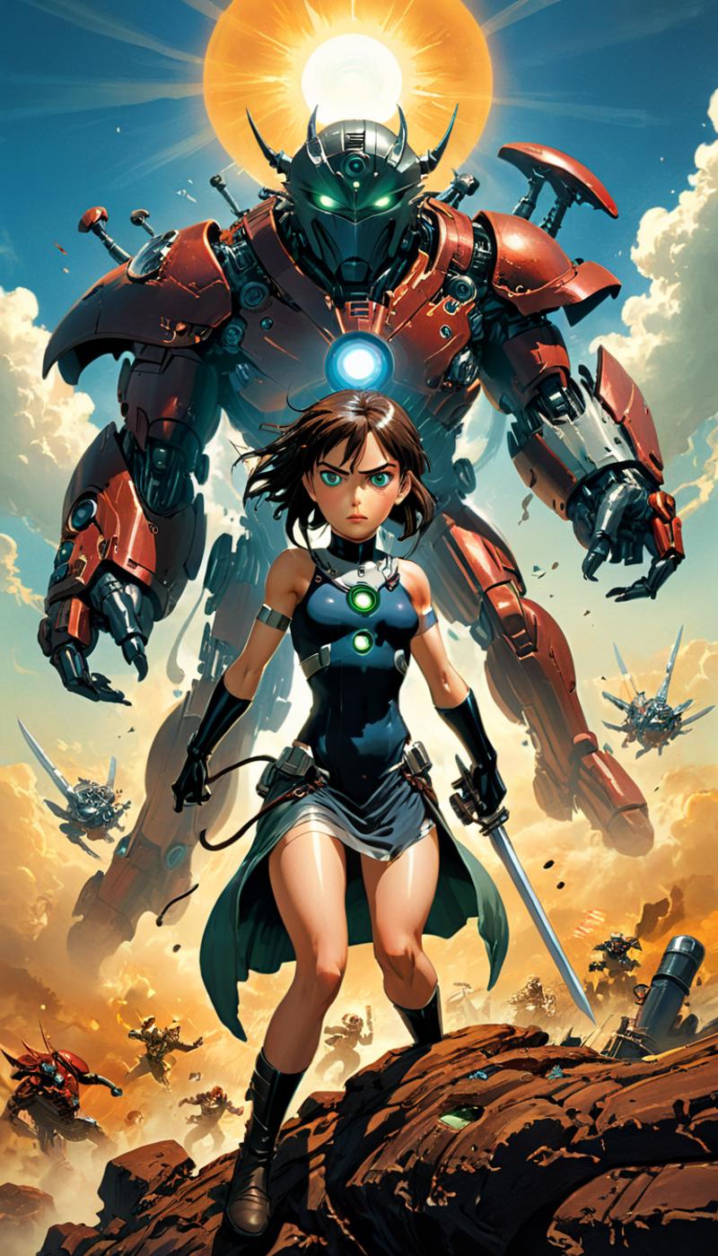 A young woman in a blue dress stands in front of a giant robot.