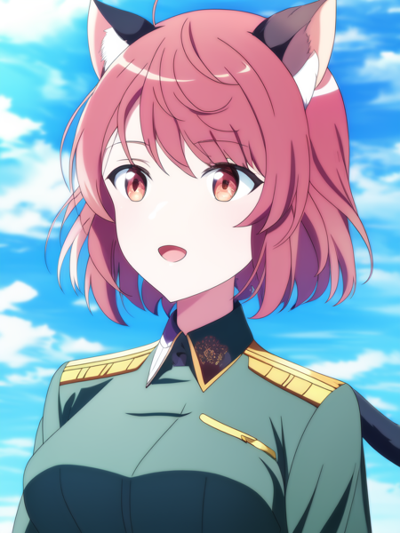 portrait, (solo, 1girl), portrait, (solo, 1girl), day time, medium breasts, (Light Red eyes), extra short hair,(Dark Red hair) hair up, (Light Purple military uniform), sky, clouds background, best quality, 1girl, cat tail, cat ears, smirk, open mouth, (anime, waifu, new, newest:1.2), (anime, waifu, new, newest:1.2)
(exceptional, best aesthetic, new, newest, best quality, masterpiece, extremely detailed, anime, waifu:1.2)  <lyco:NotSHAFT_v2-epoch05-Dadapt-WD15BWeeb:1.0>