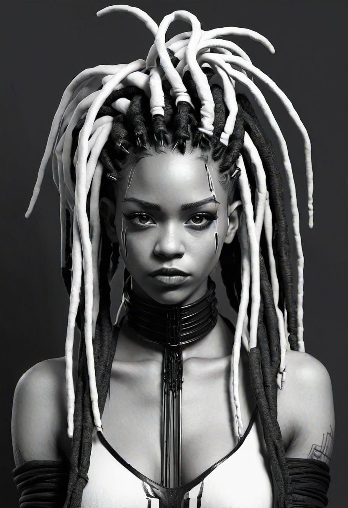 a female with fake dreadlocks in black and white, in the style of fantasy-inspired art, hard edge painting, genderless, da...
