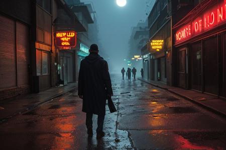Desolate rain-soaked cityscape at night, shadows clozk dimly lit alleyways, neon signs flicker in the distance, heavy mist glow over the empty streets, abandoned buildings loom ominously against the dark sky, shattered windows reflecting the pale light of the moon, a lone figure with a tattered coat traverses the Urban maze, each step he takes echoes softly on the wet pavement, atmosphere is thick with tension, world of darkness and despair, hautingly beautiful tableau