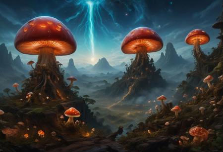 high fantasy,(game morrowind theme:1.5),telvanni tower atop mountain setting,elder scrolls,best quality,hyper detailed,intricate details,wallpaper,8k,masterpiece,landscape of warped mage mushroom tower amidst the red mountains of morrowind,(bio-luminescent fungi landscape:1.3),(towers sculpted from giant flat domed mushrooms:1.4),(mult -domed towers:1.2),amanita muscaria mushrooms,(amanita phalloides death cap mushroom:1.1),lamp lit tower,(gigantic mushroom flat capped towers:1.4),silt striders,(volcanic red mountain ranges:1.2),imposing,(twin moon alien sky:1.1),night,(lava streams:1.2),(volcanic wasteland:1.4),(long eldritch tentacles on towers:1.3),(bio-luminescent flowers:1.1),(bio-luminescent mushrooms:1.1),violet lights,blue stars,(gray ashlands:1.1),lora:juggercinexl2:1>,<lora:detailed_notrigger:1>,(ashlands:1.1),<lora:more_details:1>,<lora:xl-shanbailing-1003fire:1>,<lora:SDXLFaeTastic2400:1>,<lora:LaxpeintXL-2.0:0.7>,