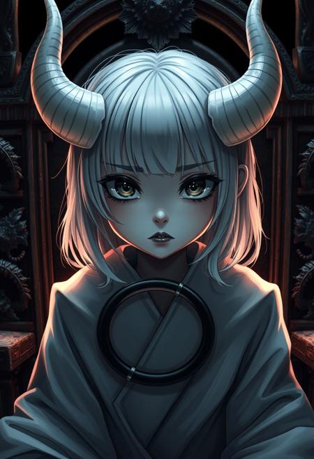 score_9_up, score_9, score_8_up, score_8, score_7_up, score_7, cinematic lighting, raw, high quality, 4k resolution, absurdres, masterpiece, dynamic lighting, high contrast, morimee_style, detailed face, 
1girl, solo, cute, [mature], (white horns:1.3), pale skin, (black eyes), (black sclera), black makeup, black lipstick, ((white hair)), (white robe:1.2), mouth closed, (circlet:1.1),
(disgust:0.8), looking at viewer,
throne, ruins, castle, dark,
(black background:1.2)