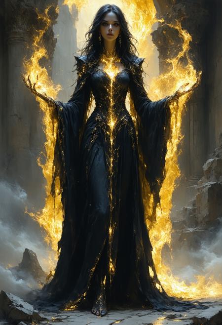 An alluring necromancer commands a soul-rending ritual in a cathedral of shattered obsidian, low-angle perspective amplifying her towering presence amid floating bone shards. Gold-and-black Art Nouveau filigree robes cling to her form, her porcelain-pale face framed by cascading raven hair, eyes blazing with violet necrotic fire—living yet inhumanly perfect. Influenced by Brom’s dark fantasy dynamism and Klimt’s gilded opulence: spectral amber backlighting carves jagged shadows, casting her as both deity and destroyer. Swirling void-smoke merges with glowing crimson runes above her palms. Molten gold bleeds into cracks beneath her feet; a skeletal hand offers a wilted rose at her boots. Hyper-detailed textures: alabaster skin traced with luminous necrotic veins, tarnished silver embroidery, iridescent ectoplasmic mist. Chiaroscuro intensifies opulent decay.