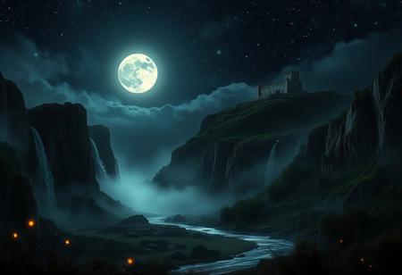 A mystical, moonlit landscape of jagged cliffs and towering waterfalls cascading into a misty valley below. The dark sky is adorned with shimmering stars and a brilliant full moon that bathes the entire scene in a soft, silver glow. In the distance, ancient ruins of a stone castle rest atop a hill, partially hidden by fog. The still waters of a nearby river glisten under the moonlight, while faint fireflies flicker in the foreground, adding a magical touch. The scene feels otherworldly, serene, and filled with the timeless beauty of a peaceful night.