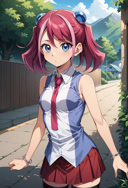 aayuzu, multicolored hair, pink hair, short twintails, hair ornament, blue eyes, small breasts, school uniform, pink necktie, sleeveless shirt, multicolored shirt, bracelet, pleated skirt, red skirt, thighhighs