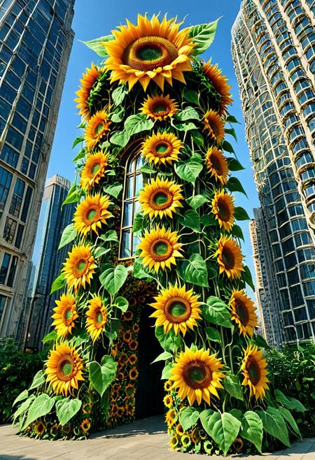 aidmamj6.1, Made of Sunflowers, A majestic skyscraper crafted entirely from vibrant sunflowers and lush green twigs, standing tall against a clear blue sky. The building's windows are made of translucent sunflower petals, casting a warm, golden glow inside. The doors are intricately woven from sturdy green twigs, blending seamlessly with the structure. Sunflower vines climb the sides of the skyscraper, adding a wild, organic beauty to its sleek, modern design. In the foreground, a pathway lined with smaller sunflowers leads to the entrance, inviting visitors to step into this botanical marvel. The scene captures the perfect harmony between urban architecture and nature's splendor.