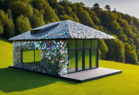 1house, outdoors, magnificent view, modern twist, astonishing, made of cd's, 4k, highly detailed
