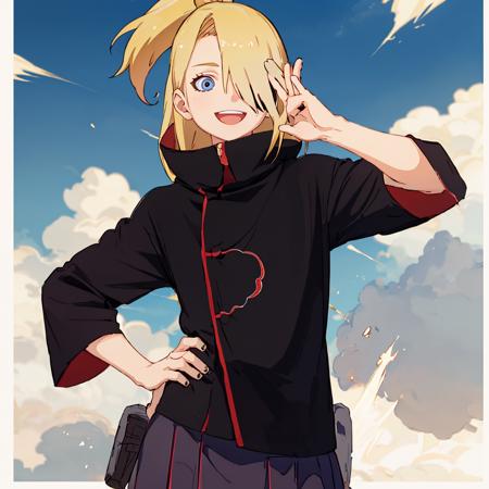 deidara,1girl, skirt,blonde hair, bangs cover one eye, blue eyes, slim waist,(((girl))), girl, upper body portrait, laughing, one hand on hip, beautiful sky background, explosions