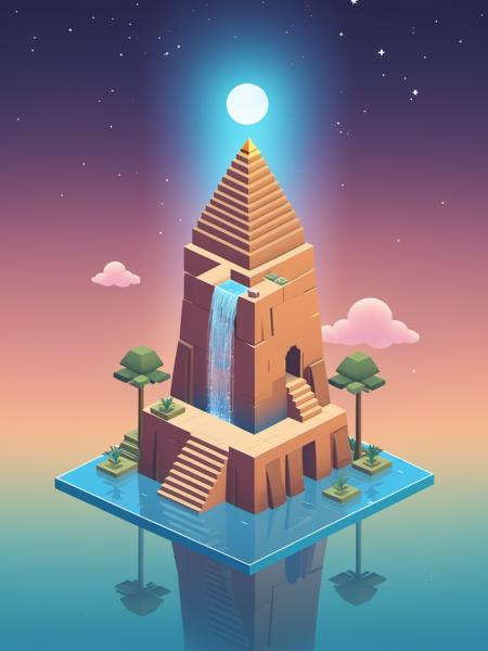 video game monument valley style, Egyptian pyramid, stairs, pillar, water, cloud, trees, flower,  waterfall, gradient background, Night, starry sky, <lora:Monument Valley style:0.8>