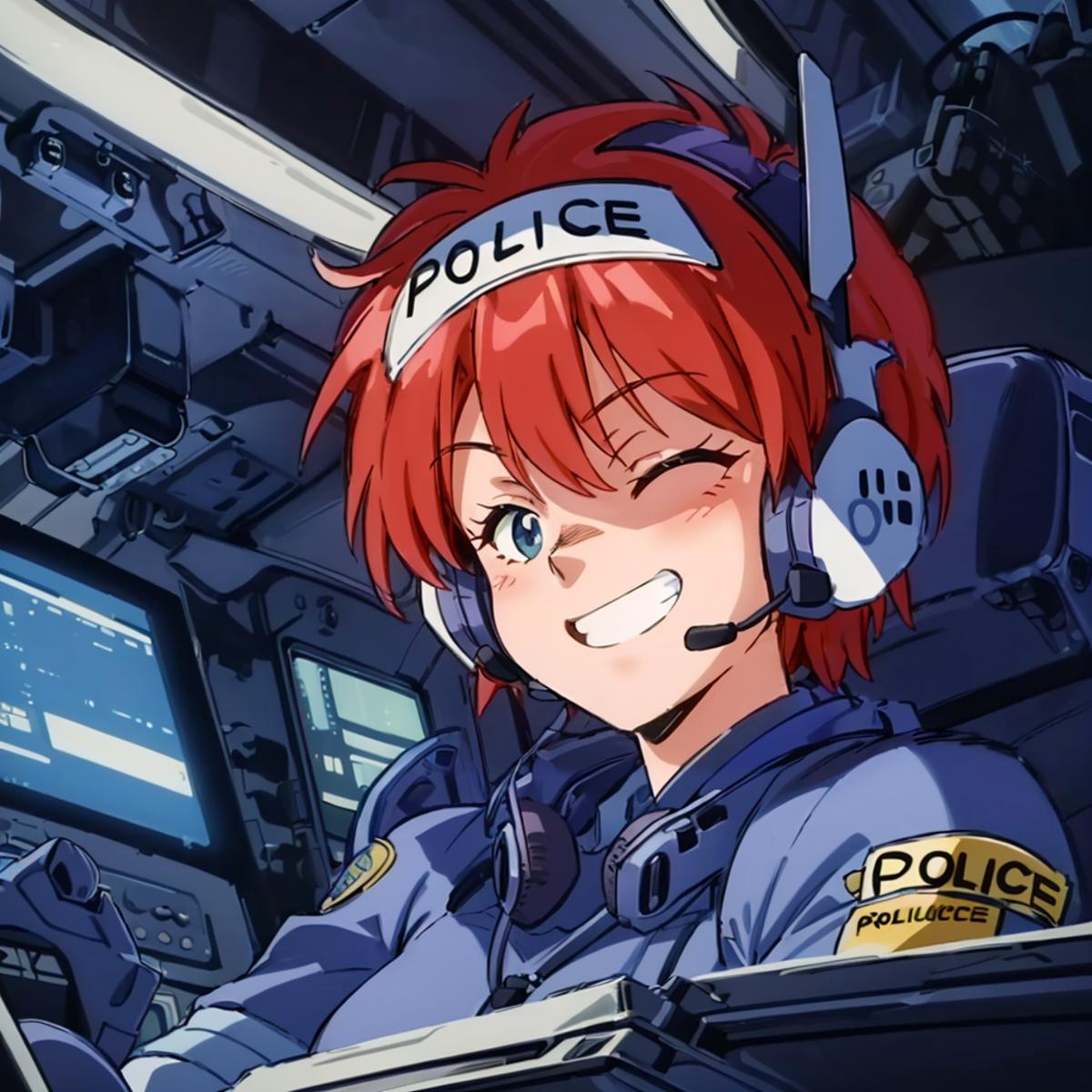 A cartoon girl wearing a police hat and headphones.