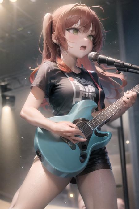 (masterpiece:1.0), (best quality:1.0),1girl, solo,kita ikuyo, side ponytail, (holding instrument:1.2),(guiter:1.2), singing,  black t-shirt, open mouth, looking away,stage,