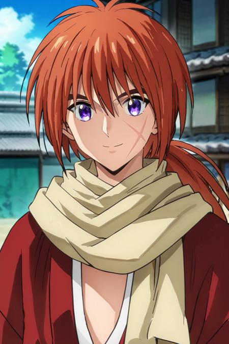 Himura Kenshin,red hair, purple eyes, scar on face,ponytail,long hair, Scarf Weapon